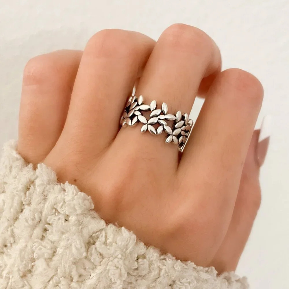 925 Sterling Silver Flower Ring Geometric Ring Chunky Ring Leaf Ring